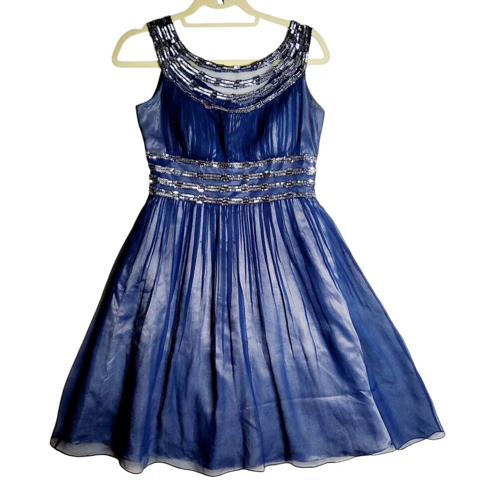 Adriana Papell Sz4 Silk Evening Party  Beads n Sequin Blue Dress knee. Fit&Flare
